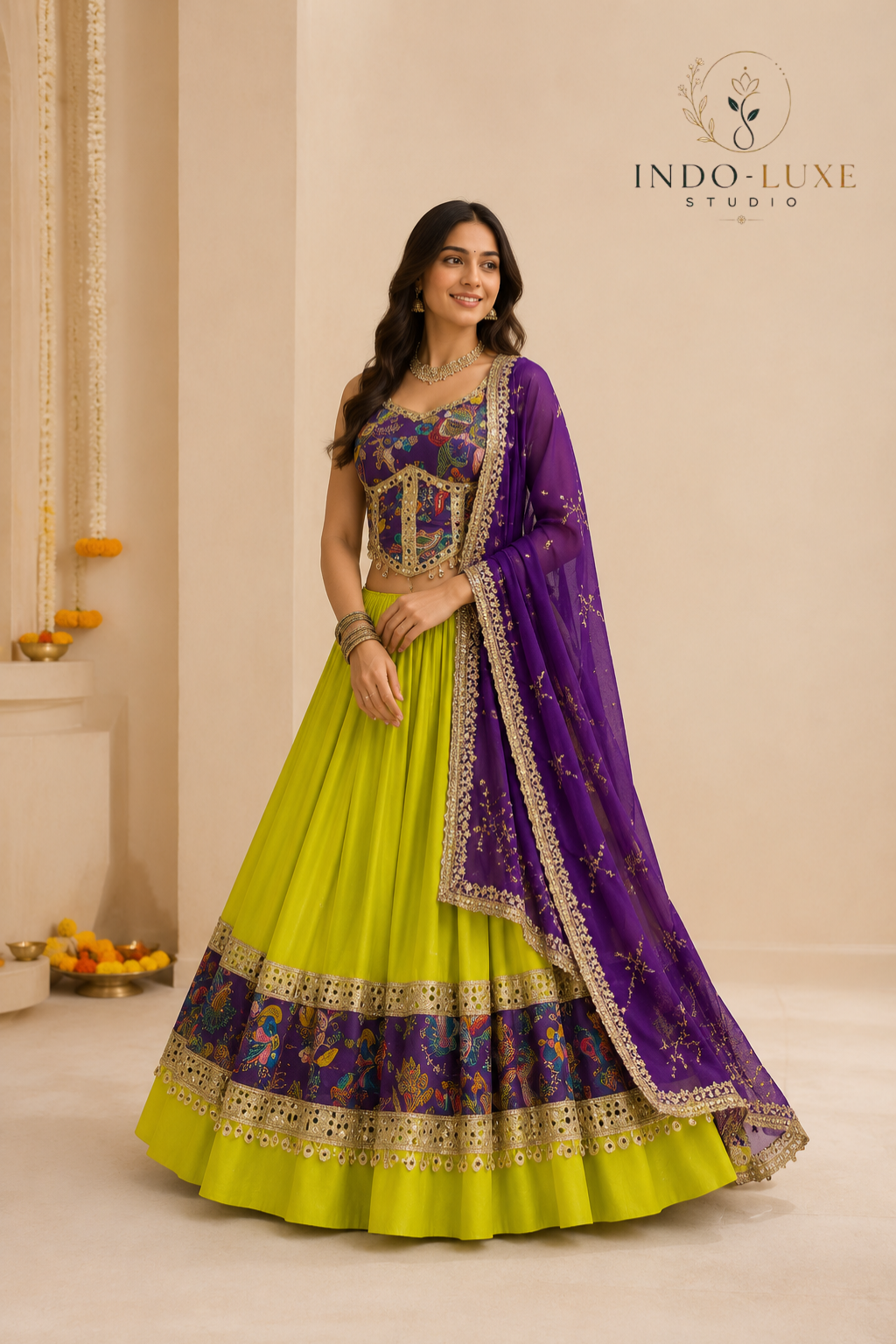 Roman Silk Cotton Lehenga Set with Printed Border & Corset Blouse
