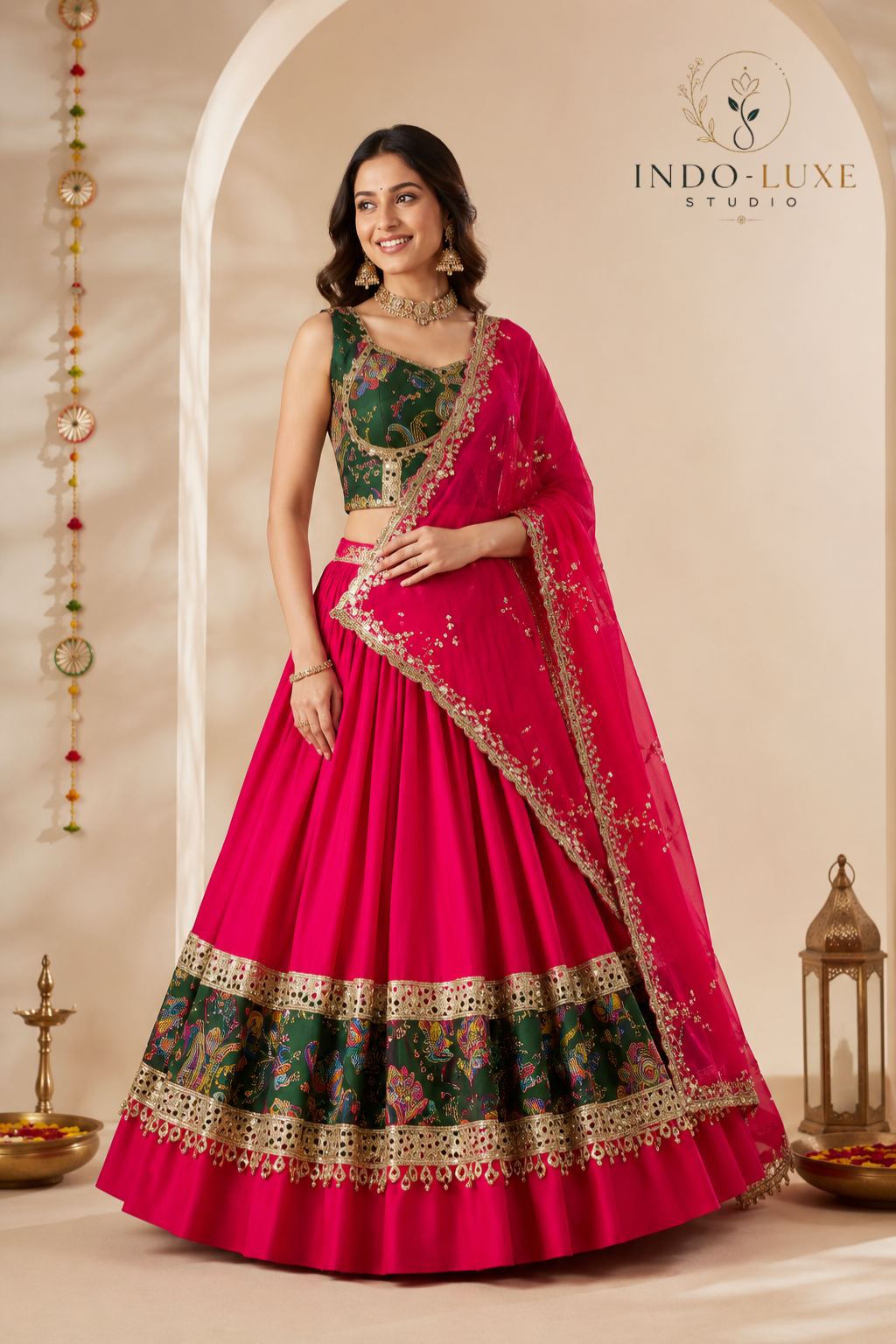 Roman Silk Cotton Lehenga Set with Printed Border & Corset Blouse