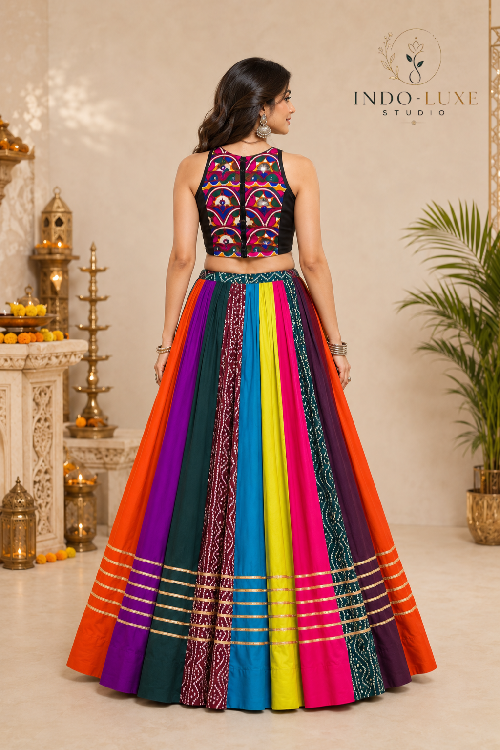 Multicolor Pure Rayon Gota Patti Lehenga with Mirror and Kodi Lace Blouse