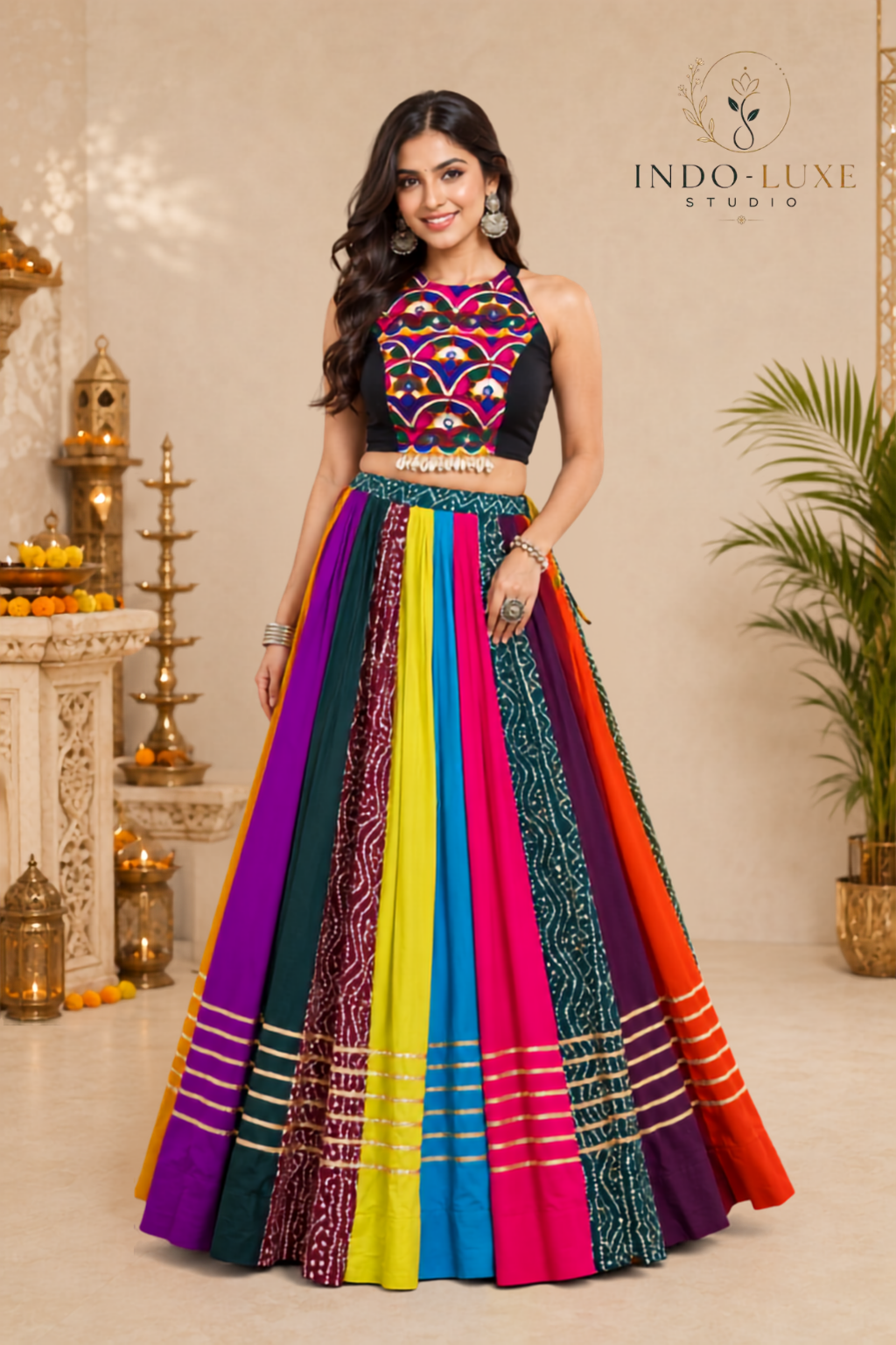 Multicolor Pure Rayon Gota Patti Lehenga with Mirror and Kodi Lace Blouse
