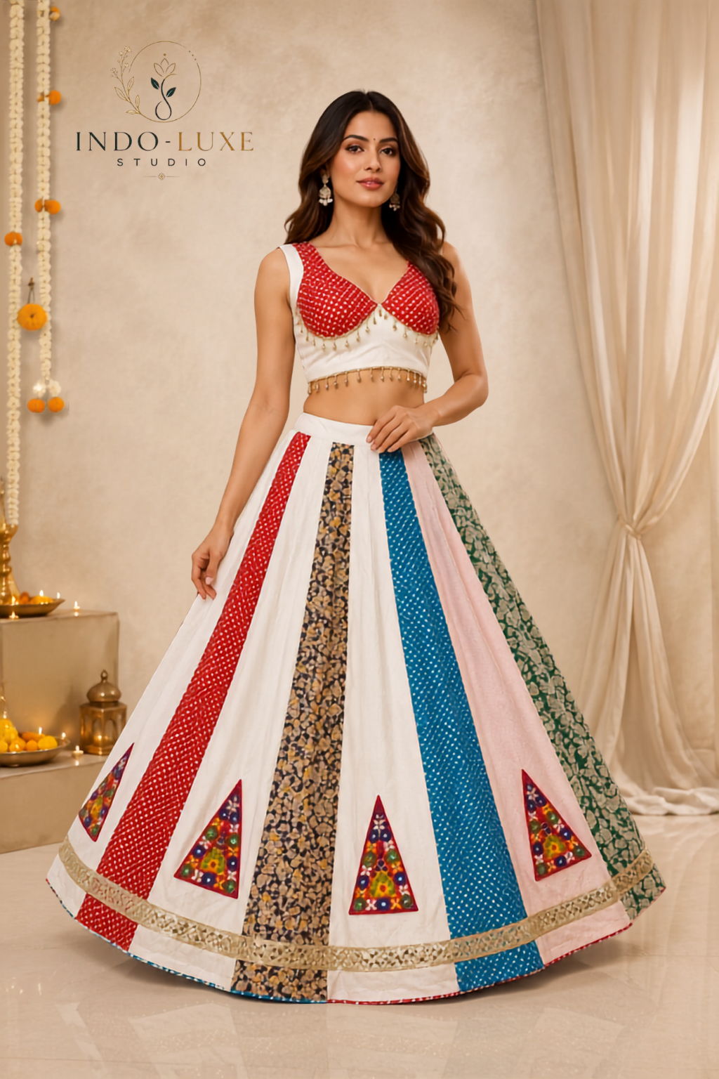 Multicolor Rayon Ajrakh Print Lehenga with Gamthi Patch & Kodi Blouse