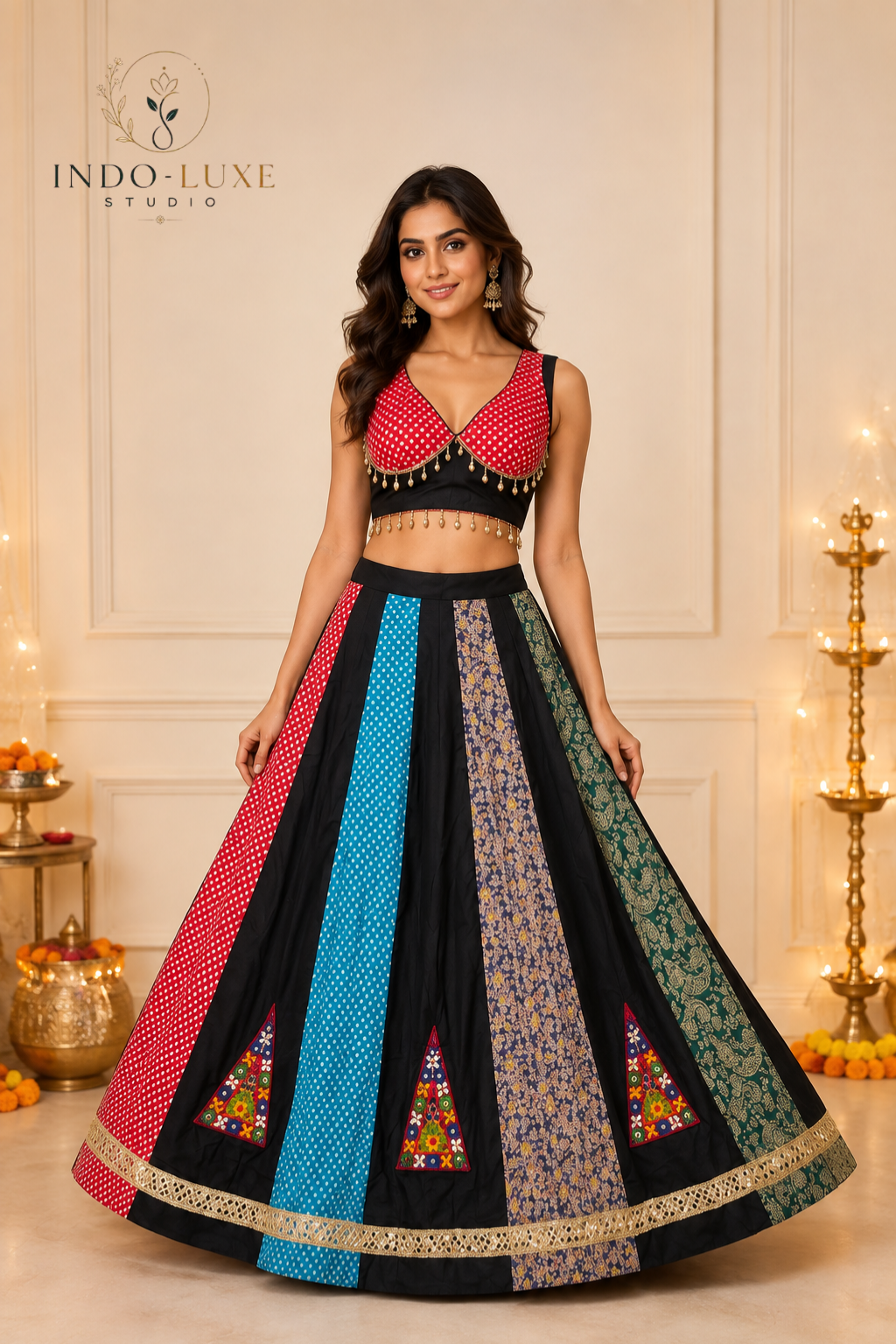 Multicolor Rayon Ajrakh Print Lehenga with Gamthi Patch & Kodi Blouse