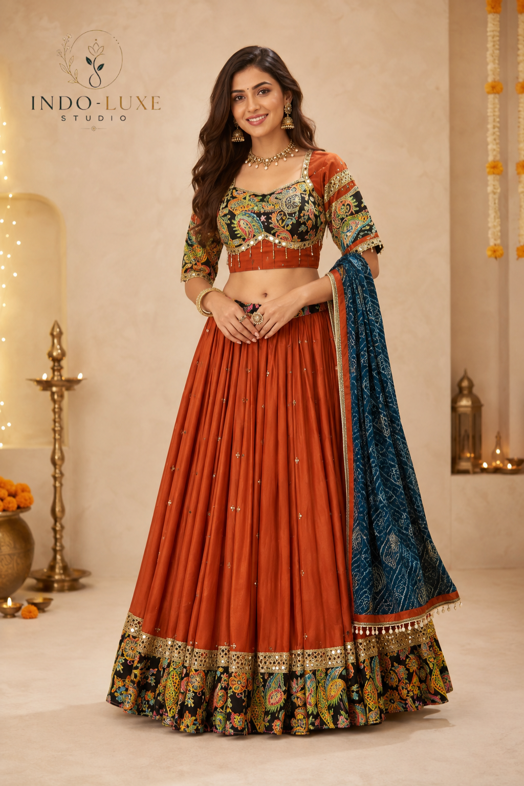 Pure Roman Silk Lehenga Set with Vintage Work & Dupatta