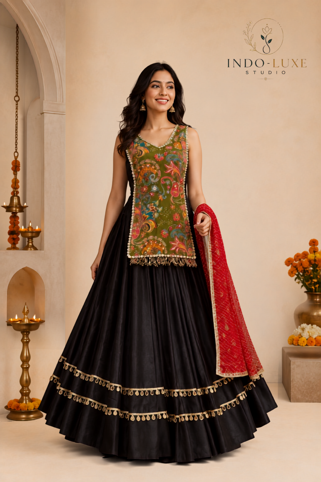 Pure Roman Silk Lehenga with Longline Printed Blouse & Georgette Dupatta