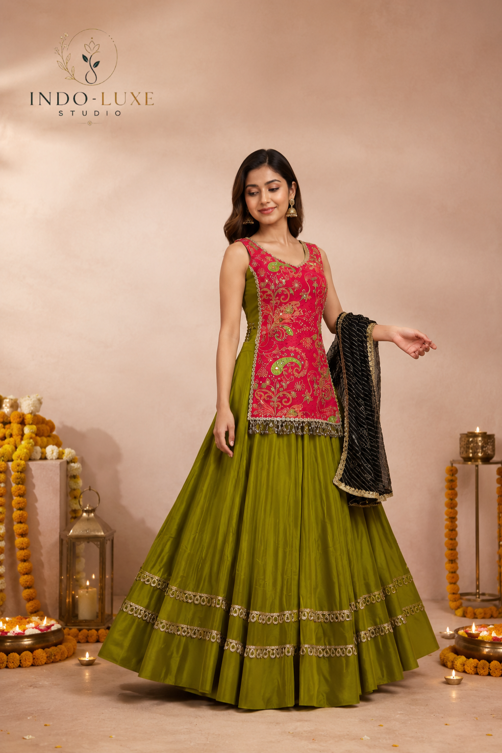 Pure Roman Silk Lehenga with Longline Printed Blouse & Georgette Dupatta