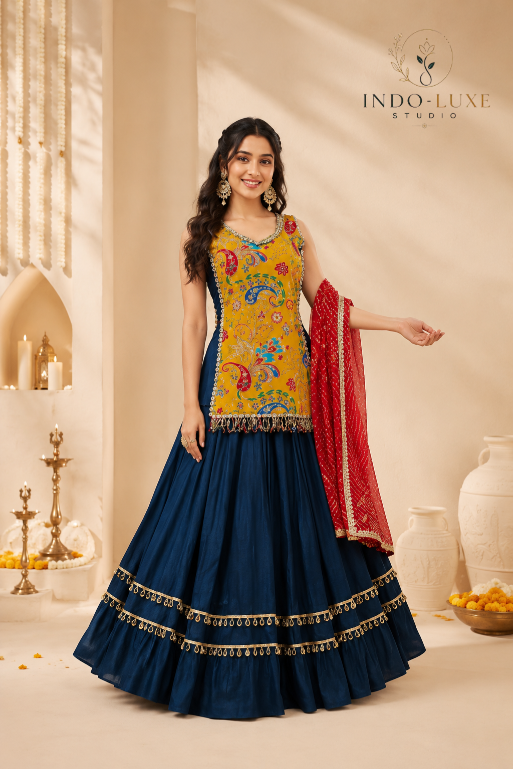 Pure Roman Silk Lehenga with Longline Printed Blouse & Georgette Dupatta