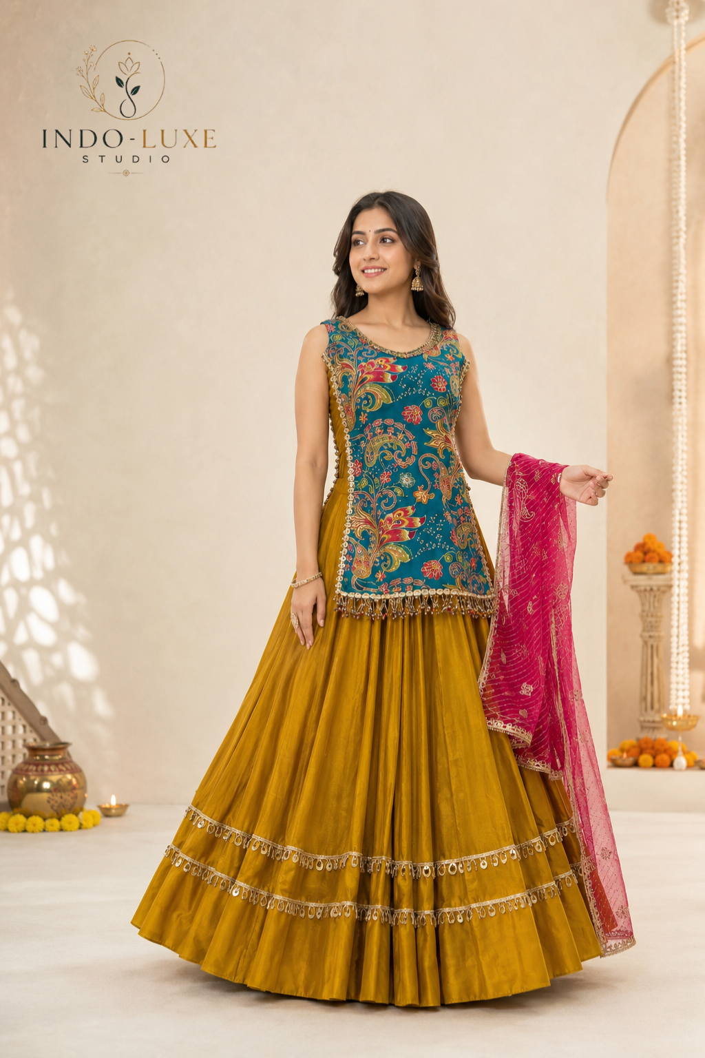 Pure Roman Silk Lehenga with Longline Printed Blouse & Georgette Dupatta