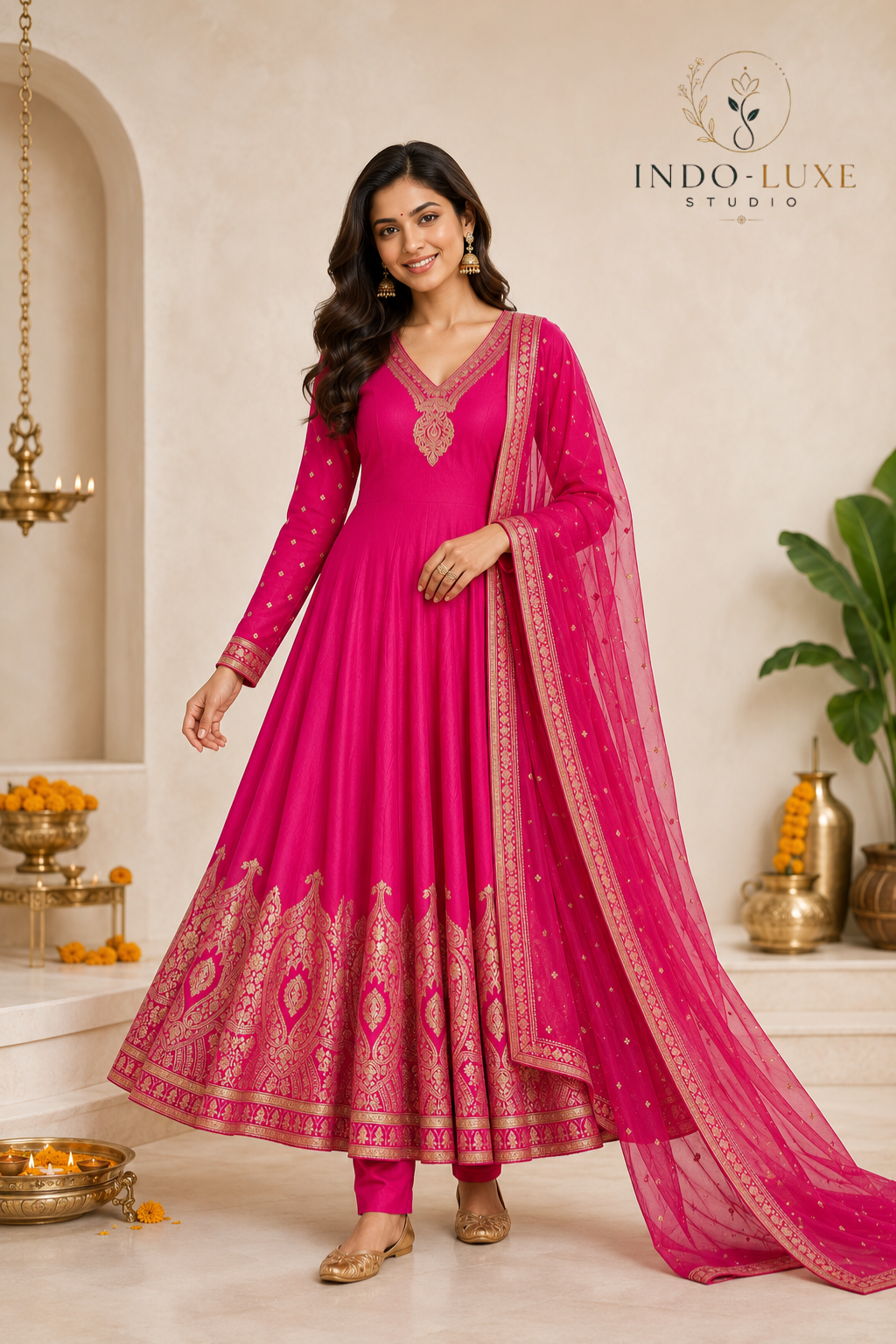 Chanderi Anarkali Set with Banarasi Zari Weaving & Handworked Neckline