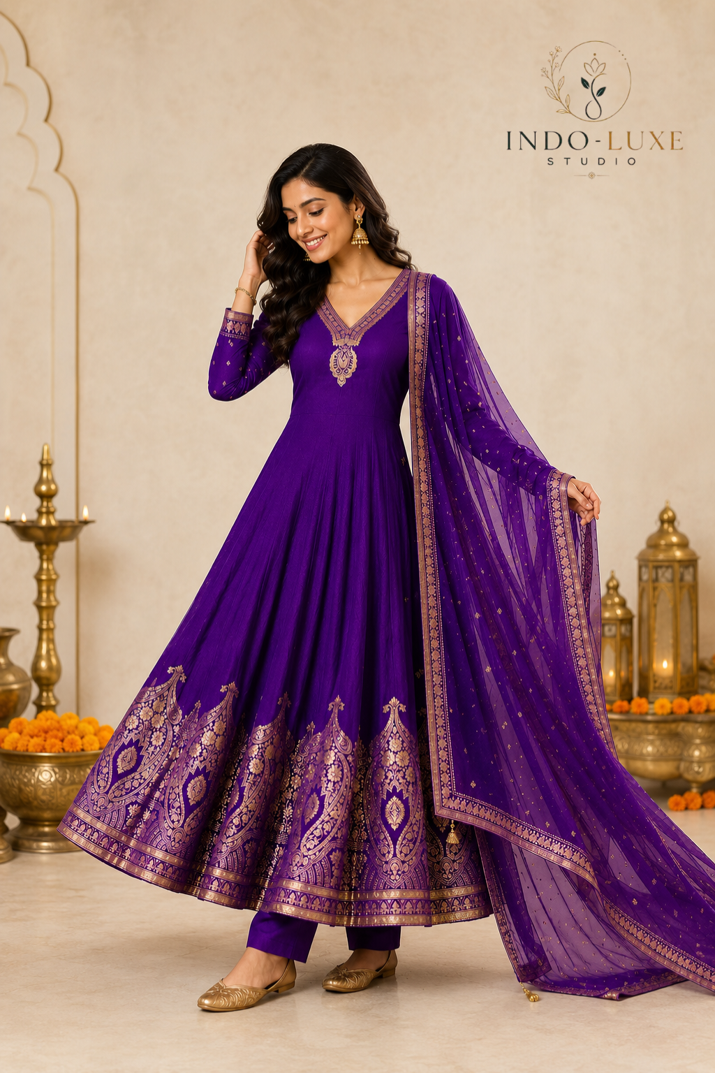 Chanderi Anarkali Set with Banarasi Zari Weaving & Handworked Neckline