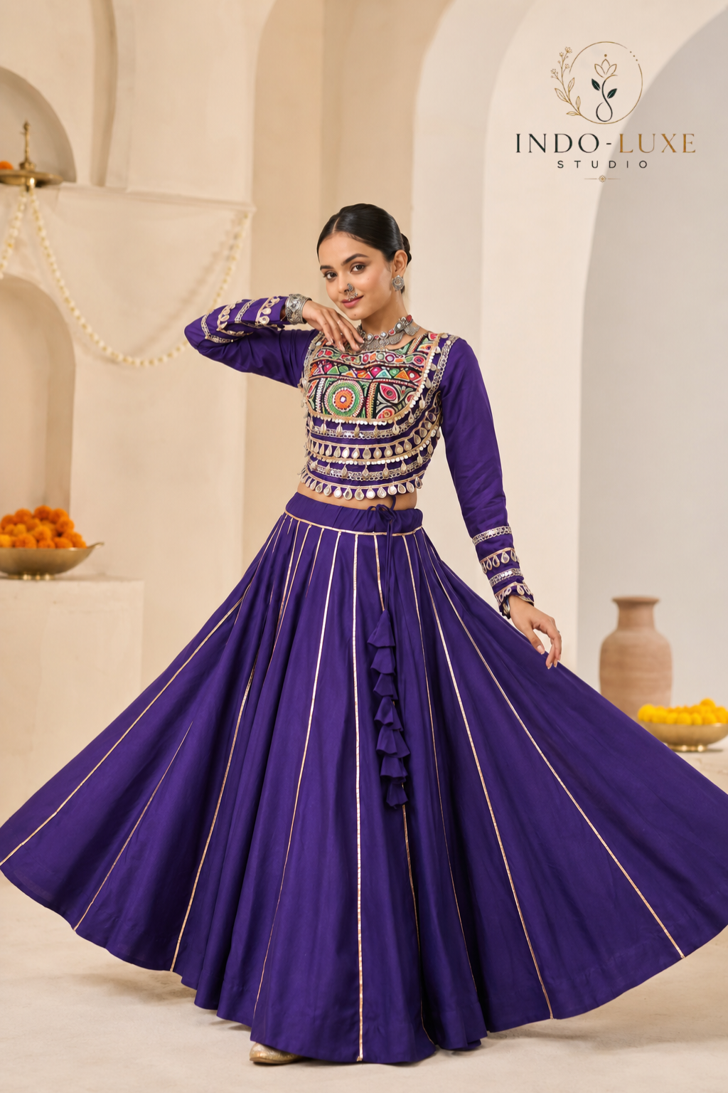 Roman Silk Gota Patti 6-Meter Flare Lehenga with Kutchi Gamthi Mirror Work Blouse