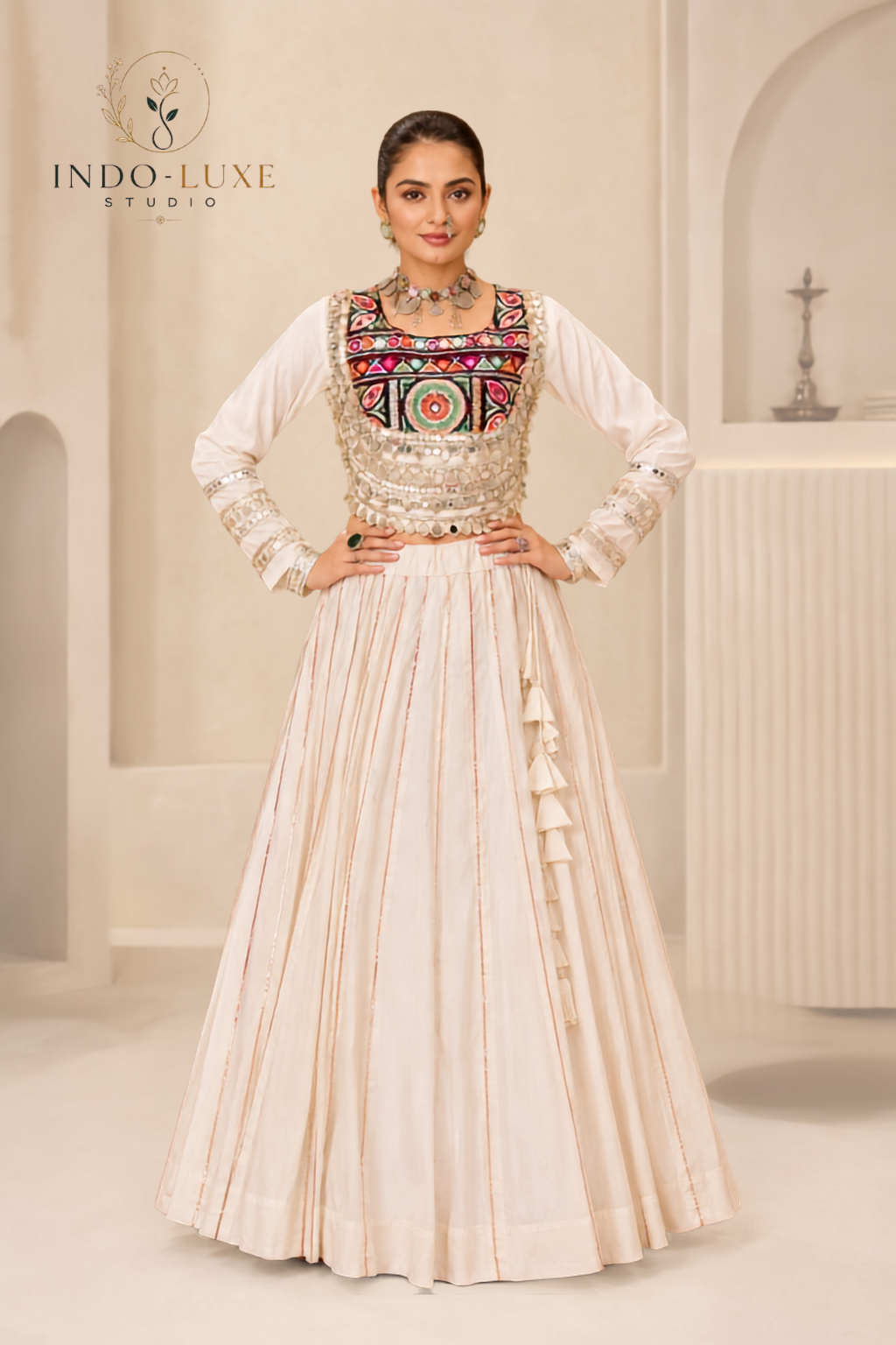 Roman Silk Gota Patti 6-Meter Flare Lehenga with Kutchi Gamthi Mirror Work Blouse