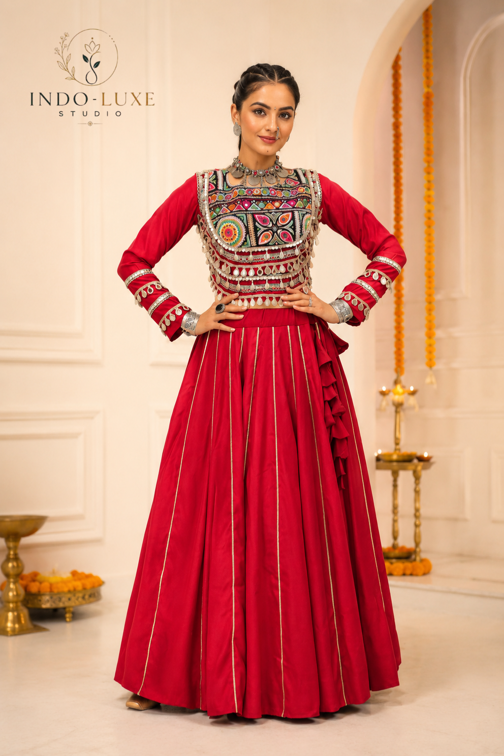 Roman Silk Gota Patti 6-Meter Flare Lehenga with Kutchi Gamthi Mirror Work Blouse