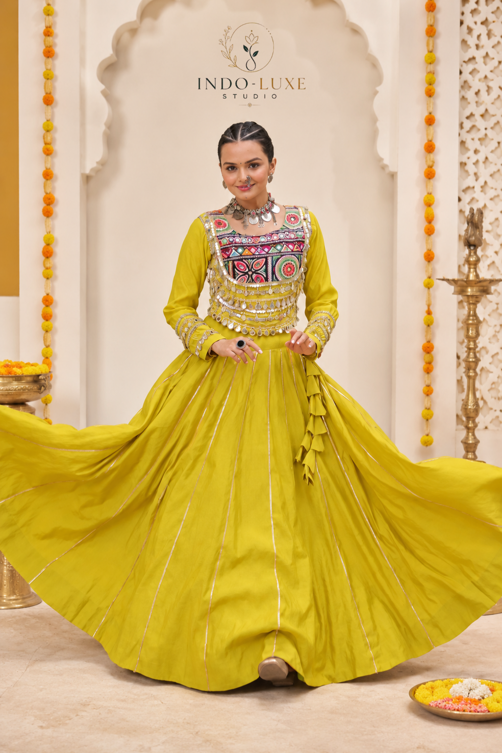 Roman Silk Gota Patti 6-Meter Flare Lehenga with Kutchi Gamthi Mirror Work Blouse