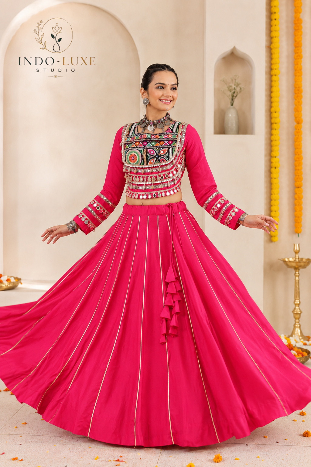 Roman Silk Gota Patti 6-Meter Flare Lehenga with Kutchi Gamthi Mirror Work Blouse