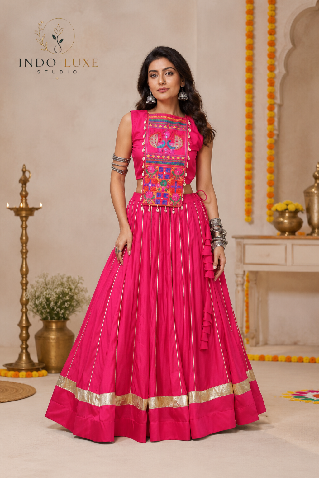 Roman Silk Gota Patti Lehenga with Kutchi Gamthi Mirror Work Panel Blouse