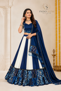 Navy & Ivory Pure Rayon Lehenga Set with Mirror Work Blouse & Printed Dupatta