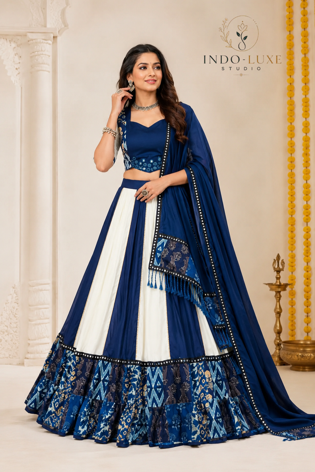 Navy & Ivory Pure Rayon Lehenga Set with Mirror Work Blouse & Printed Dupatta