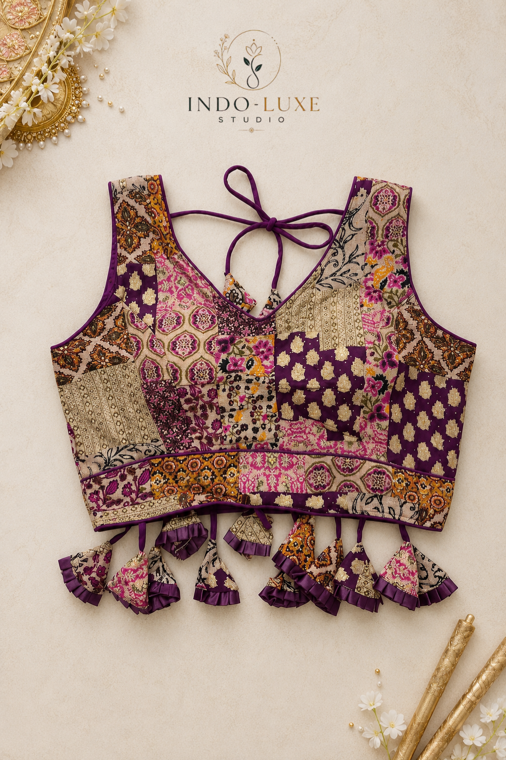 Ajrakh Print Rayon Blouse with Statement Tassels & Back-Open Design