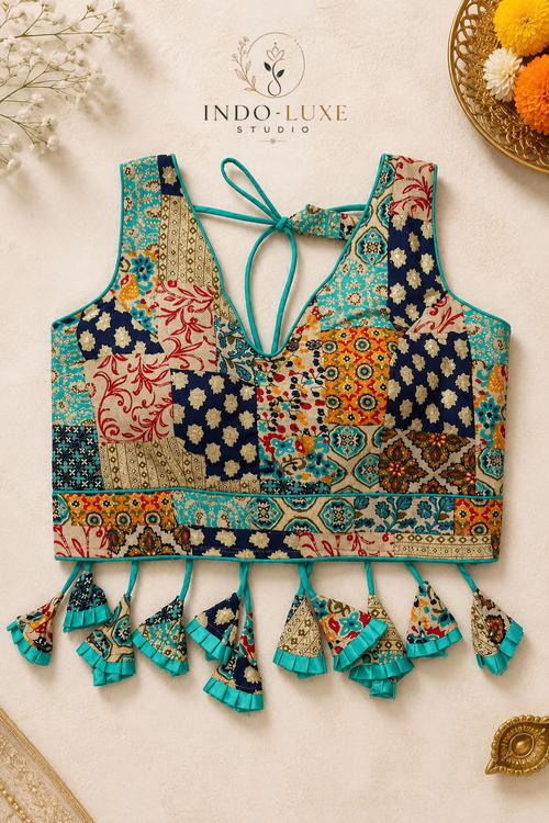 Ajrakh Print Rayon Blouse with Statement Tassels & Back-Open Design