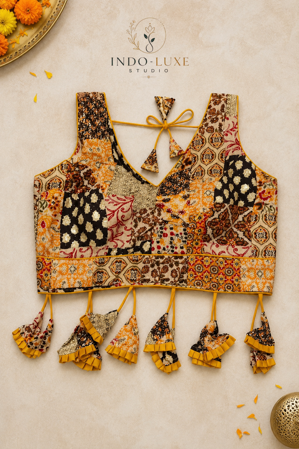 Ajrakh Print Rayon Blouse with Statement Tassels & Back-Open Design