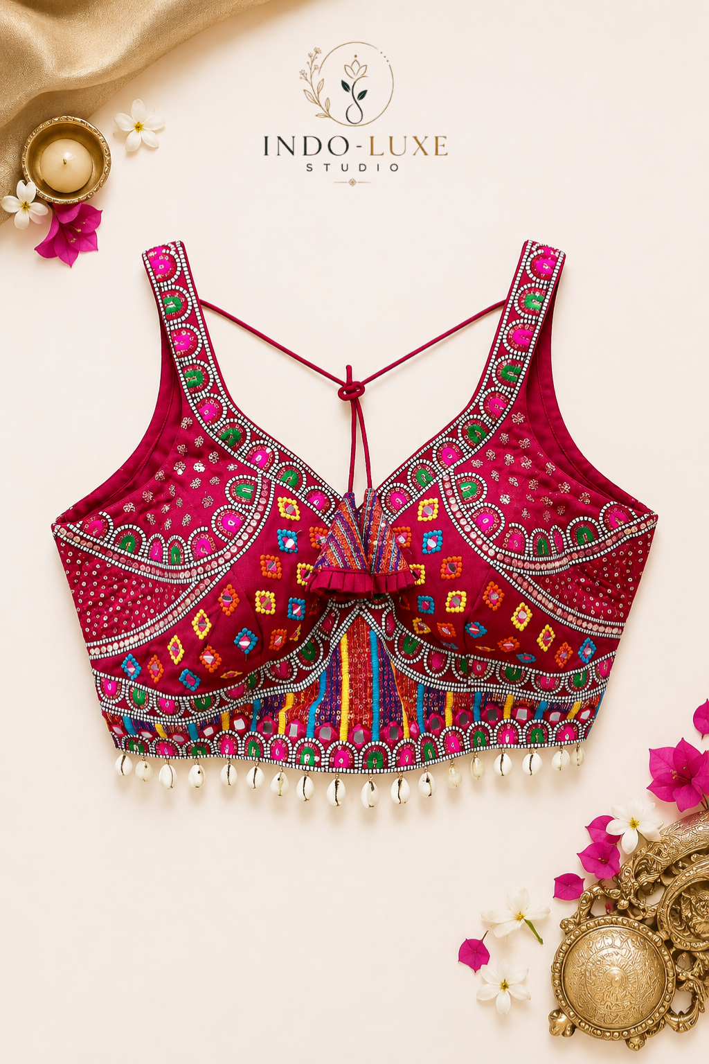 Real Mirror & Multi-Thread Handwork Navratri Blouse with Kodi Lace