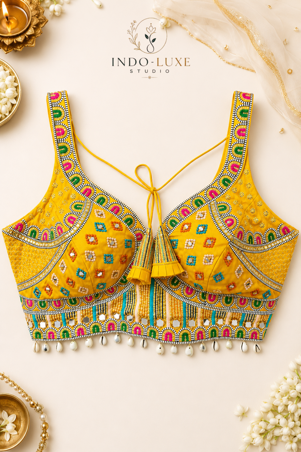 Real Mirror & Multi-Thread Handwork Navratri Blouse with Kodi Lace