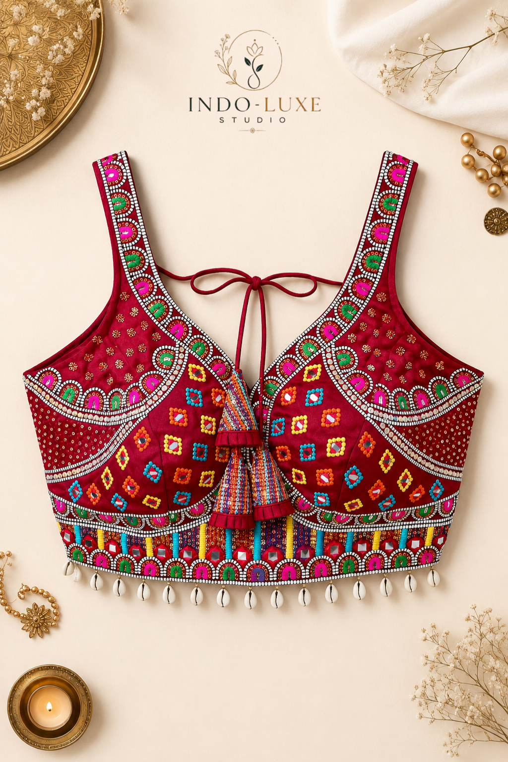 Real Mirror & Multi-Thread Handwork Navratri Blouse with Kodi Lace