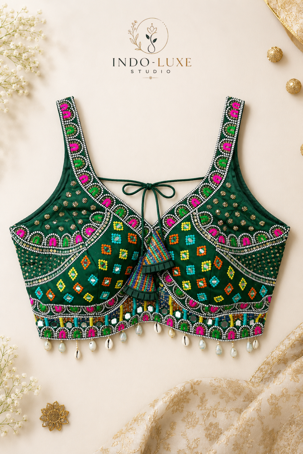 Real Mirror & Multi-Thread Handwork Navratri Blouse with Kodi Lace