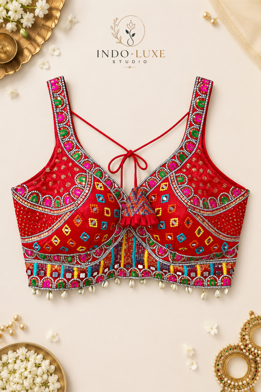 Real Mirror & Multi-Thread Handwork Navratri Blouse with Kodi Lace