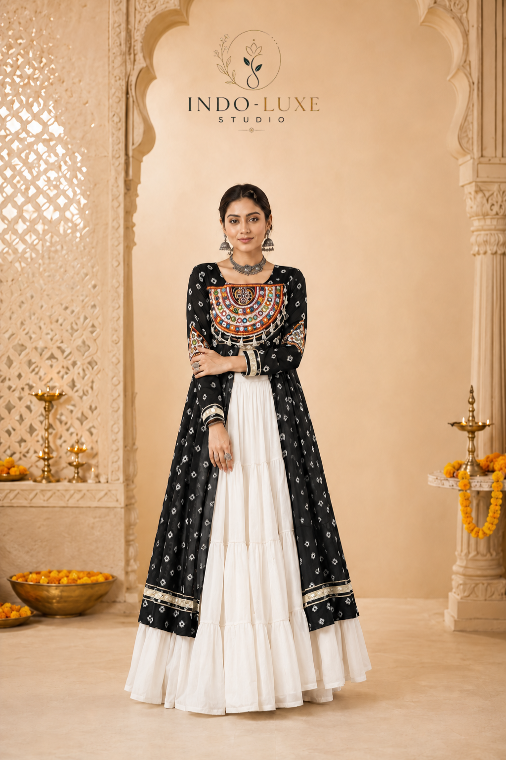 Kora Cotton 12-Meter Flare Lehenga with Bandhani Kutchi Patchwork Kurti