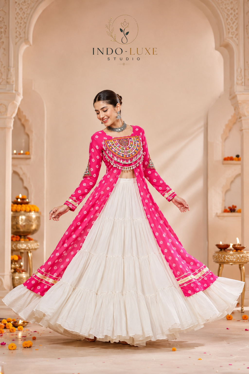 Kora Cotton 12-Meter Flare Lehenga with Bandhani Kutchi Patchwork Kurti