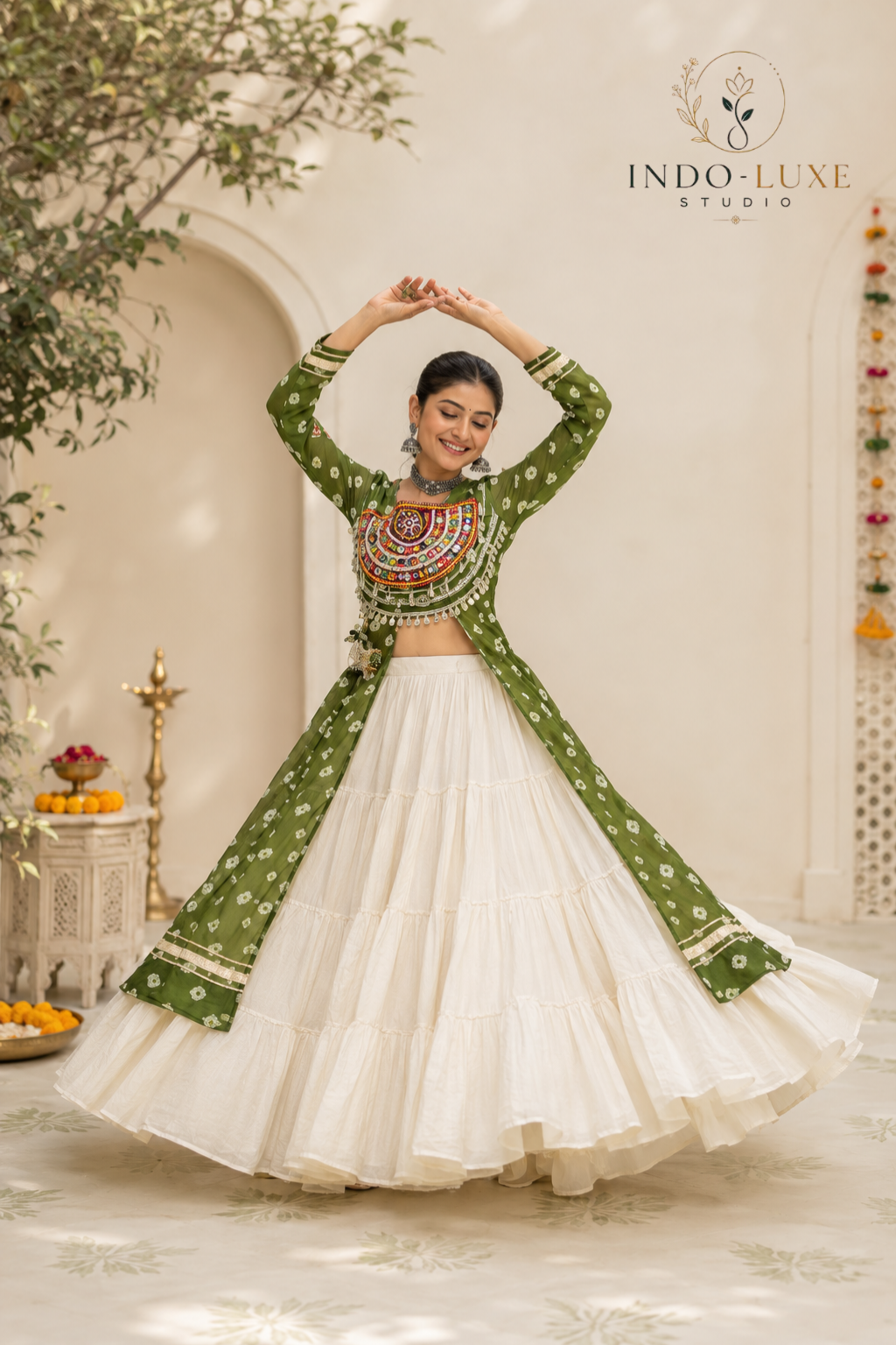 Kora Cotton 12-Meter Flare Lehenga with Bandhani Kutchi Patchwork Kurti