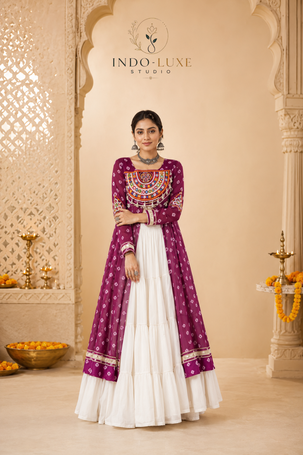 Kora Cotton 12-Meter Flare Lehenga with Bandhani Kutchi Patchwork Kurti