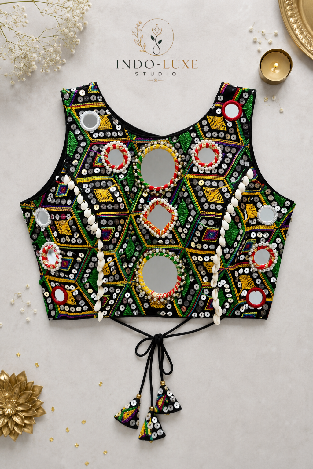 Heavy Silk Kutchi Mirror Work Navratri Blouse with Kodi Detailing