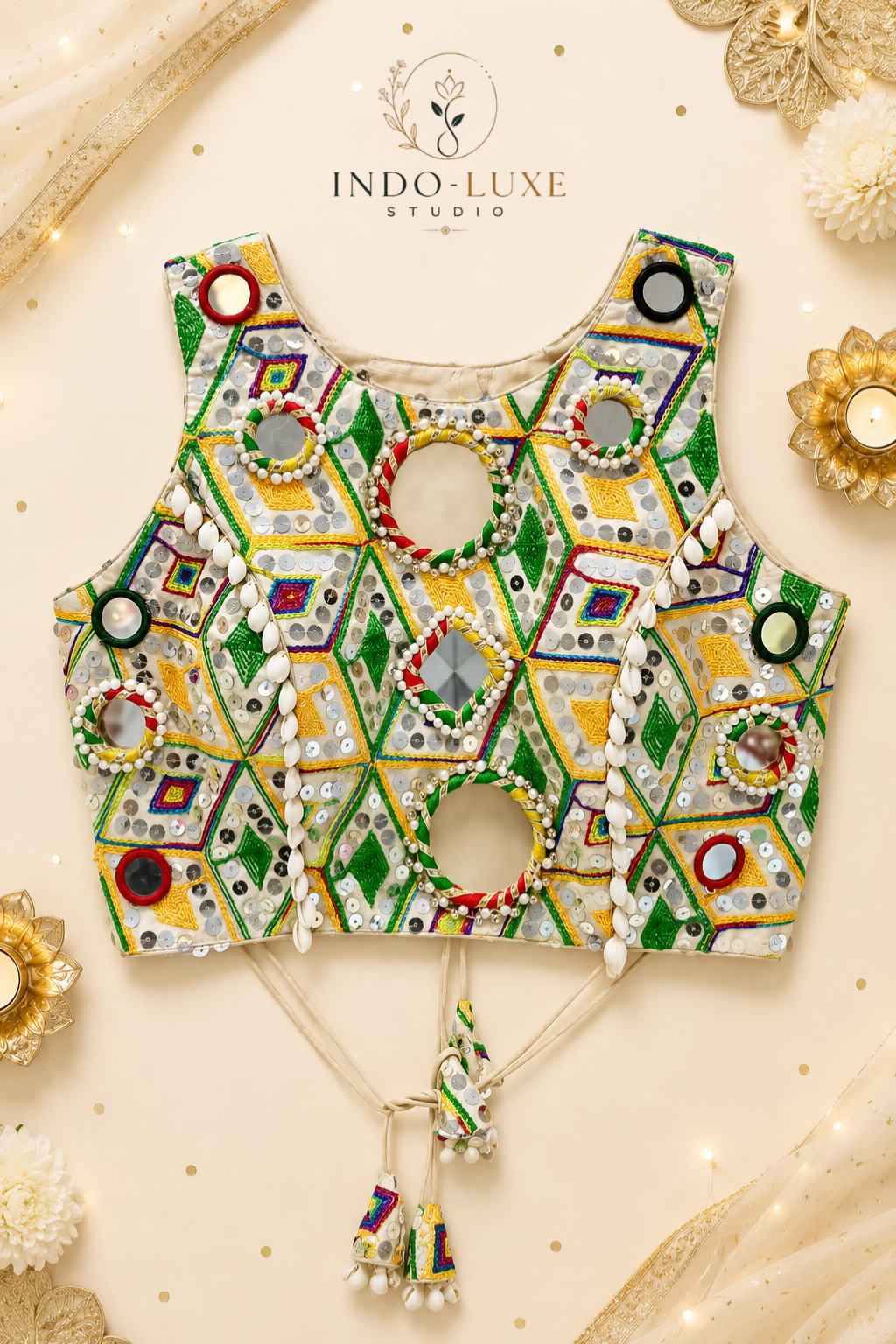 Heavy Silk Kutchi Mirror Work Navratri Blouse with Kodi Detailing