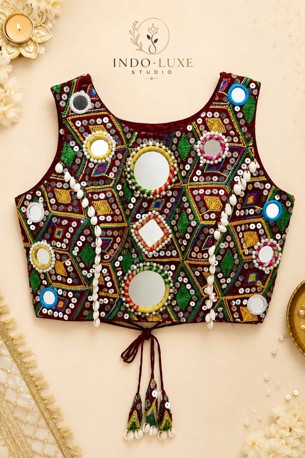 Heavy Silk Kutchi Mirror Work Navratri Blouse with Kodi Detailing