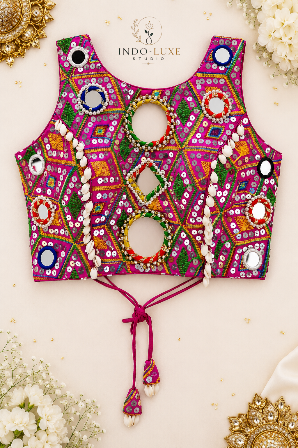 Heavy Silk Kutchi Mirror Work Navratri Blouse with Kodi Detailing