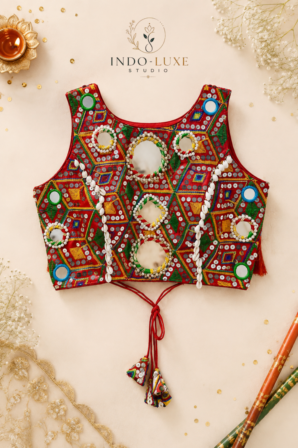 Heavy Silk Kutchi Mirror Work Navratri Blouse with Kodi Detailing