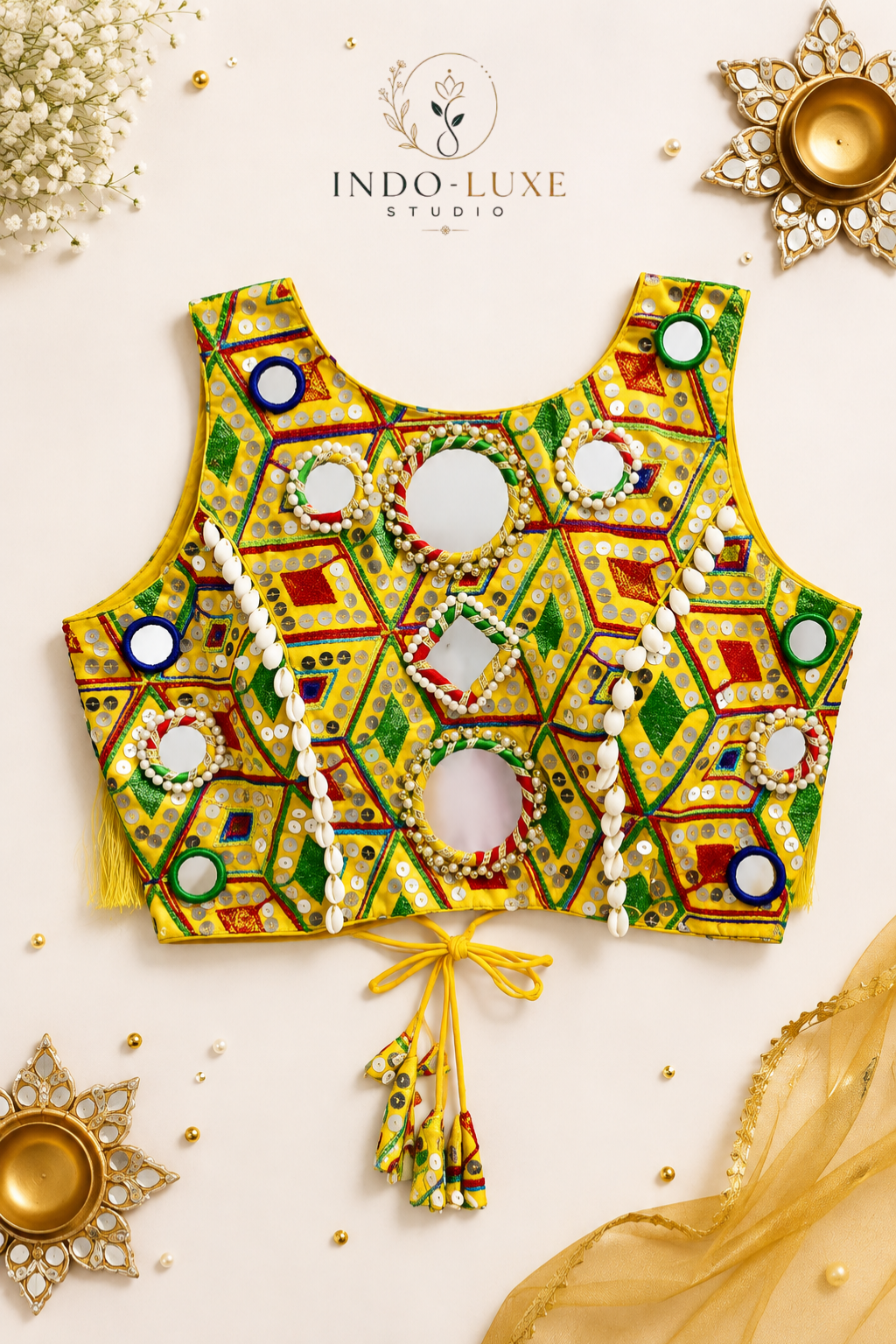 Heavy Silk Kutchi Mirror Work Navratri Blouse with Kodi Detailing