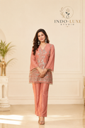 Dusty Rose Zari Embroidered Cord Set with Pearl Fringe & Silk Pants