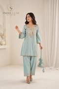 Powder Blue Mirror Embroidered Kurta Set with Palazzo Pants