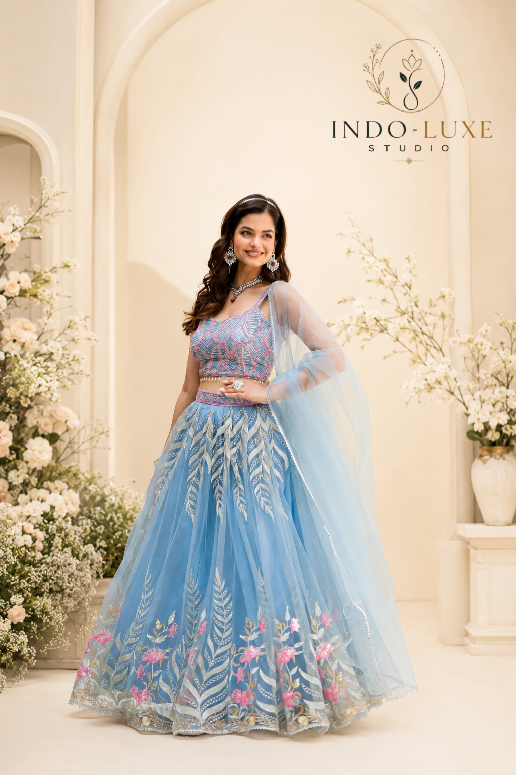 Sky Blue Net Lehenga with Silver Botanical Embroidery and Pink Floral Appliqué