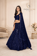 Navy Blue Sequin Lehenga with Tonal Vine Embroidery