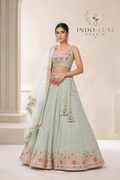 Sage Green Lehenga with Pink Floral Appliqué and Silver Mukaish Embroidery