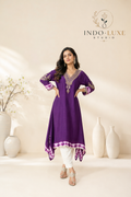 Deep Violet purple Asymmetric Kurta Cord Set with Shibori Detail & White Pants