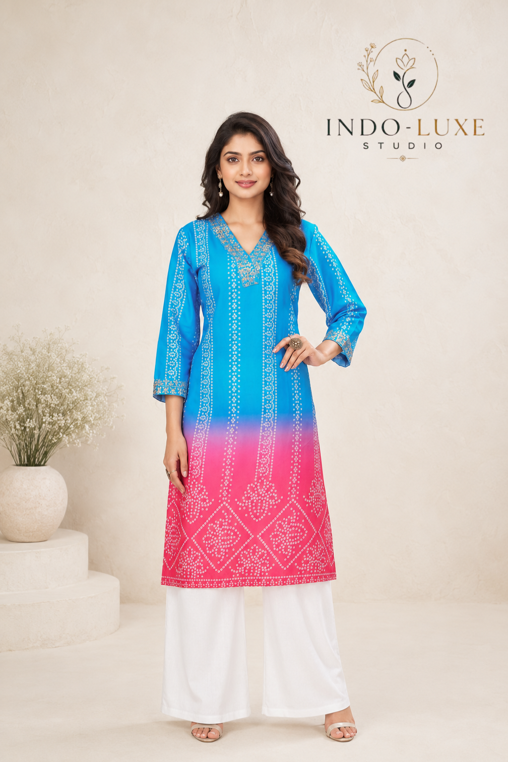 Blue to Pink Ombre Bandhani Cord Set with White Palazzo