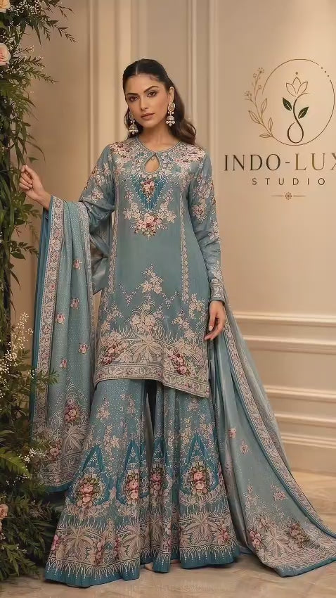 Dusty Blue Floral Embroidered Sharara Set