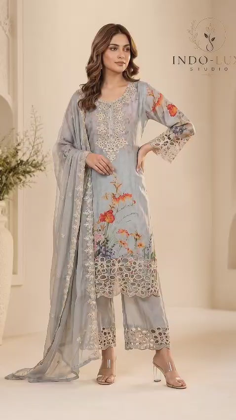 Grey Floral Embroidered Three Piece Set
