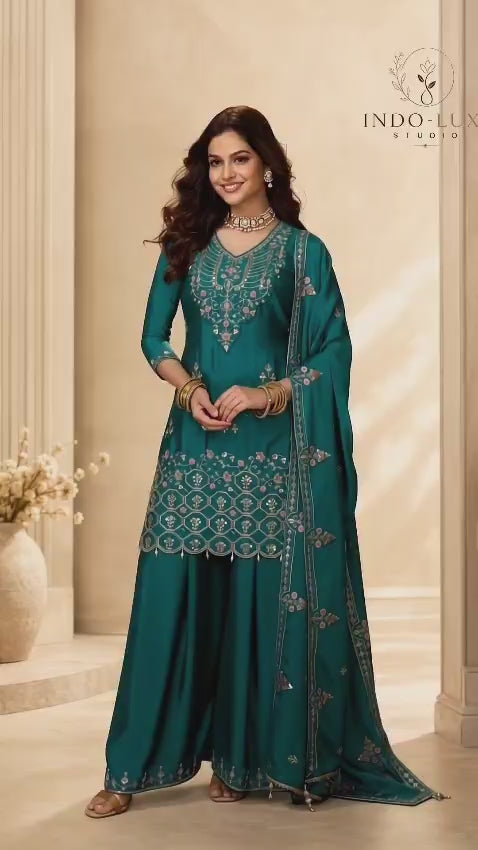 Teal Green Embroidered Three Piece Set